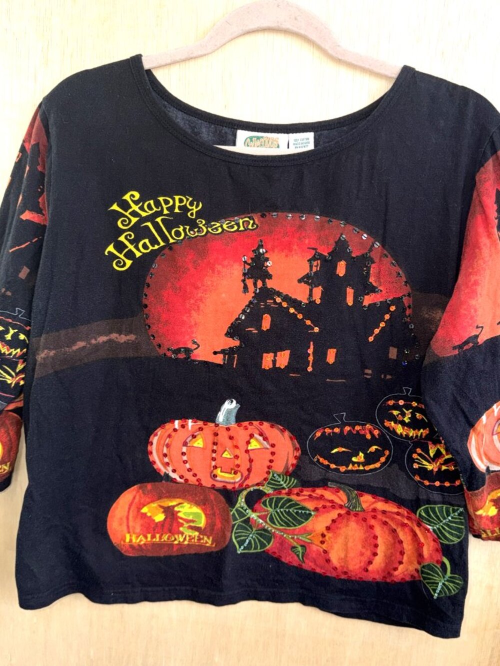 Women's Collections ETC. Halloween Graphics w/Sequins 3/4 Sleeve Top Size Large